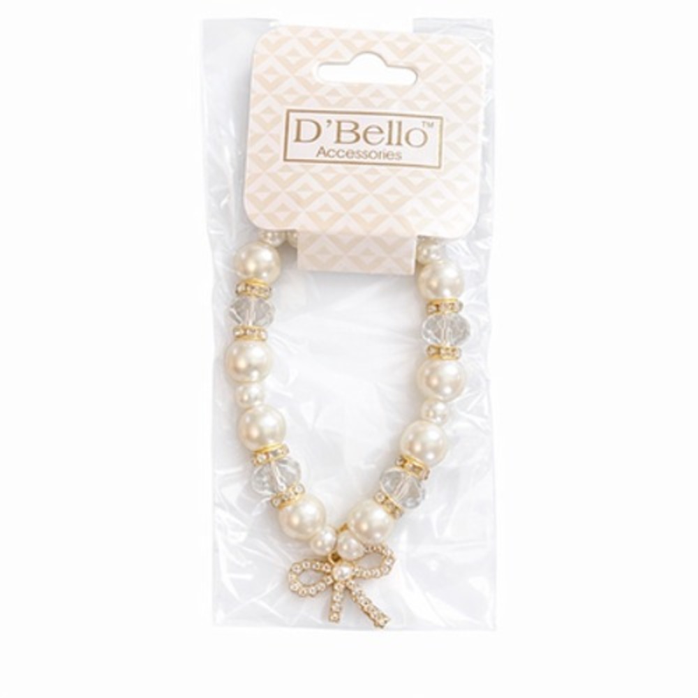 D'Bello White Pearl Beaded Stretch Charm Bracelet‎ Rhinestone Womens Jewelry NEW